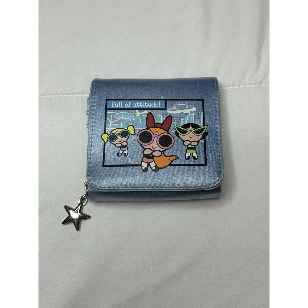 VTG 2001 Warner Bros Powerpuff Girls Bifold Wallet Zipper Blue Satin Y2K 00s